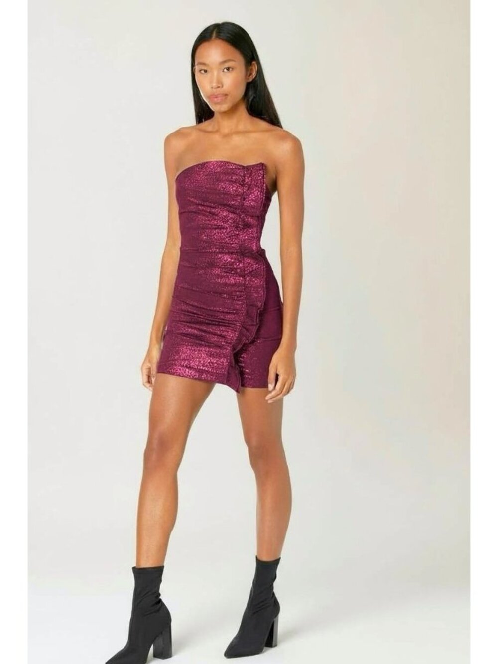 Ramy Brook Strapless Mini Dress Metallic Asymmetric Ruffle Burgundy Maroon 4